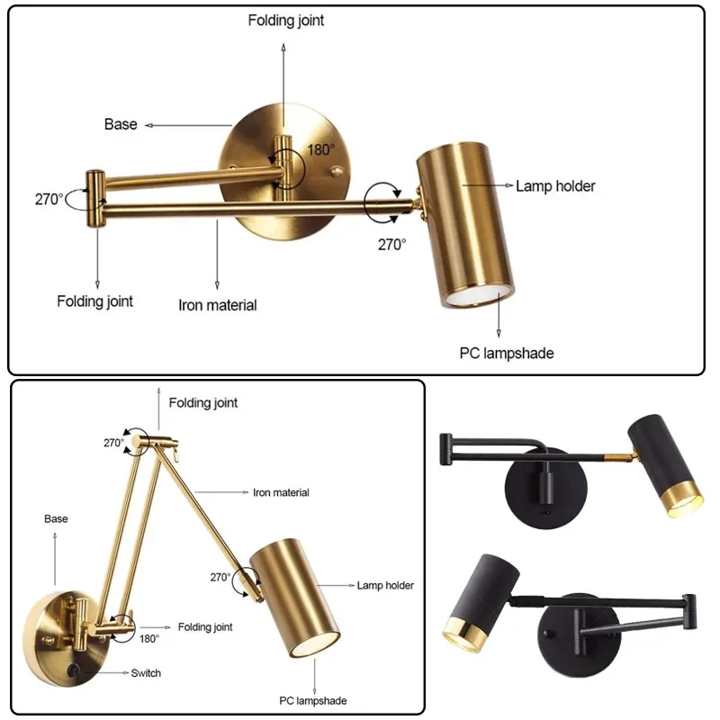 Imagem -04 - Led Telescópica Rocker Wall Light Balanço Longo Braço Interno Sconce Switch Decoração de Iluminação de Cabeceira do Agregado Familiar Sconce Lights