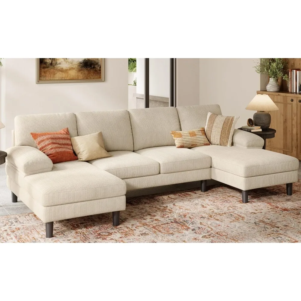 

Sectional Couch, 111'' W Corduroy U Shaped Sofa with Sleepable Armrests, 4 Seat Couch with Double Chaises, Deep Seat