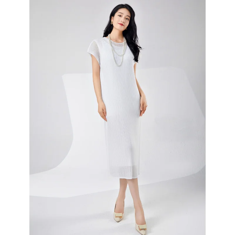 Miyake fada charme vestido feminino malha macia dupla camada respirável branco simples moda saia midi plissada [24321zsj-9947]