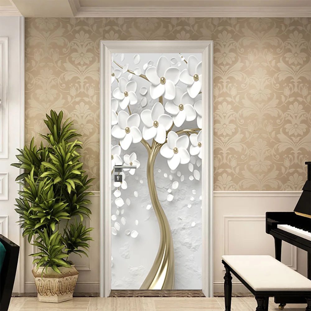 White Flowers Bloom Tree Door Sticker Removable Bedroom Wardrobe Decoration Flower Blossom Wall Door Art Mural Cover Stickers