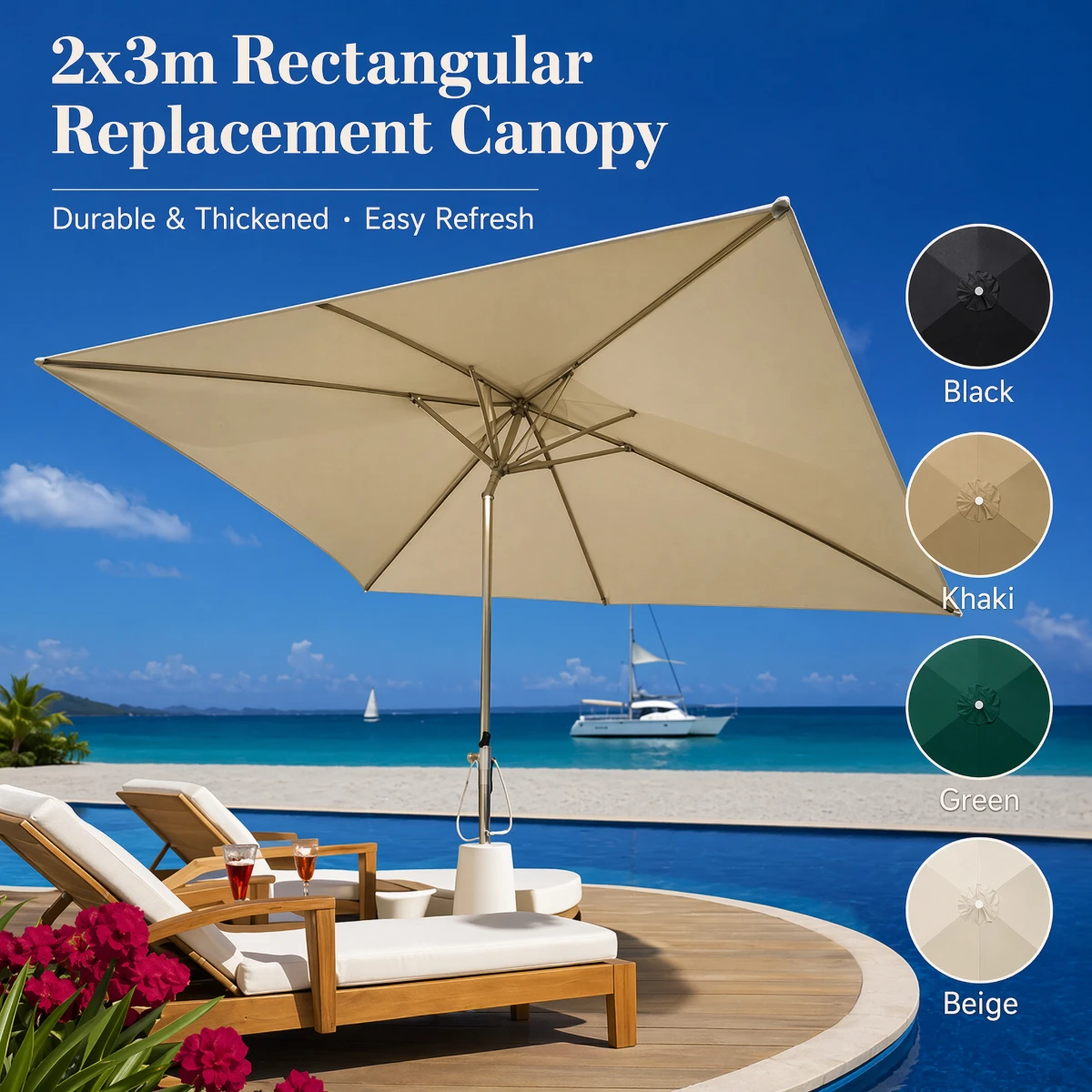 Square Courtyard Umbrella Replacement Canopy, 2x3m 6 Ribs Suitable for Garden Balcony Courtyard Replacement Cover