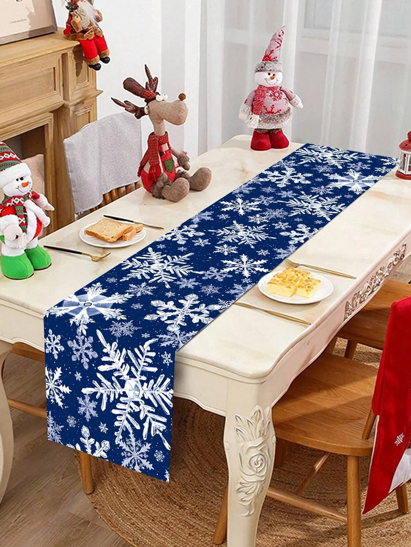 JIT 1pc Christmas Snowflake Navy Polyester Table Runner 2D Flat Print Festive Home Decor Dining Table Decoration Winter Charming