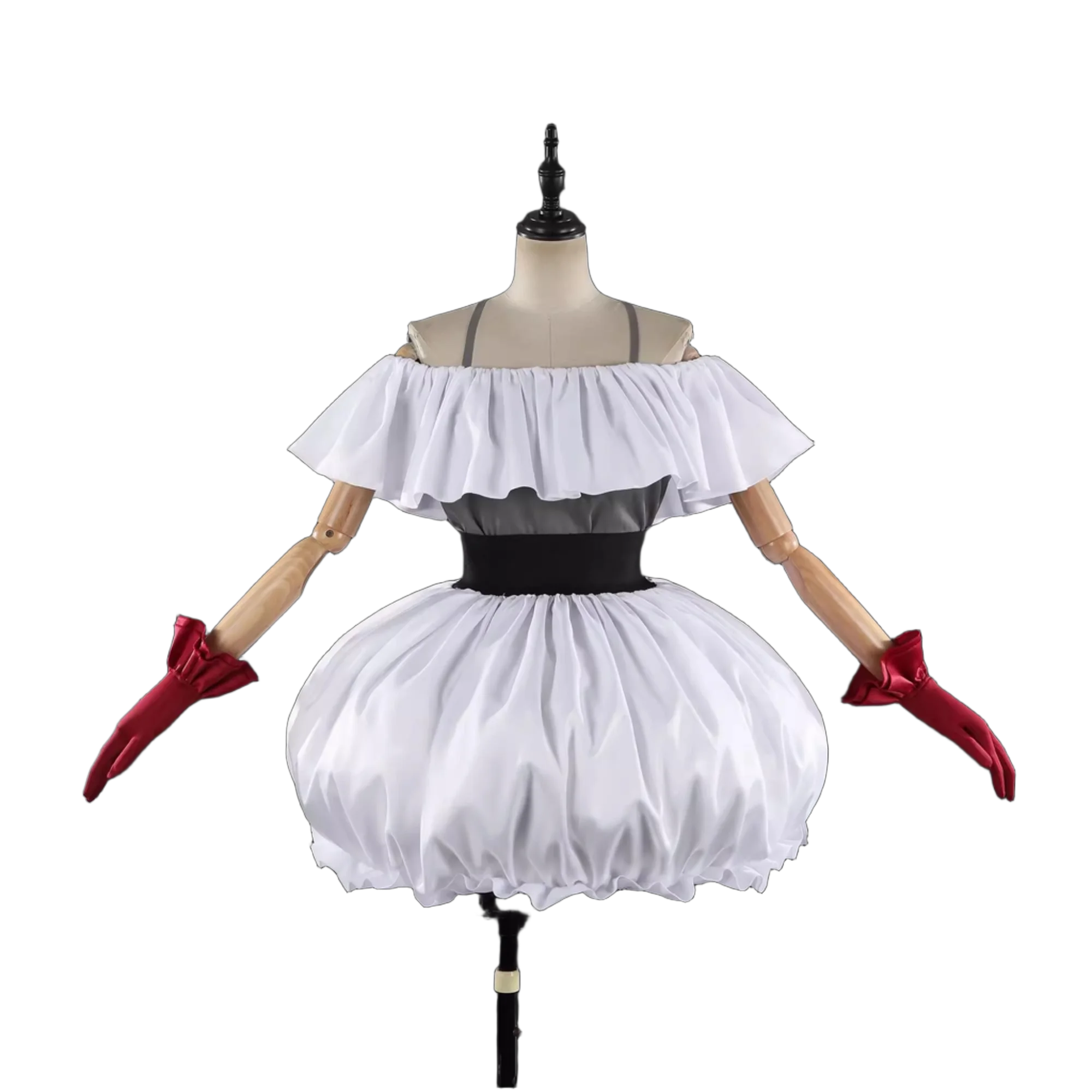 

White Off Shoulder Mini Dress Puffy Balloon Skirt with Belt Gothic Lolita Vintage Ruffle Neck Halloween Cosplay Party Dress Wome