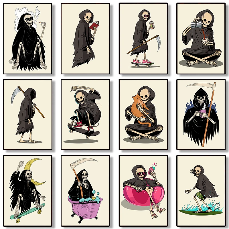 

Funny Grim Reaper Smoke Skate Posters Print Canvas Painting Cartoon Minimalist Wall Art For Living Room Home Decor Cuadros