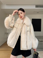 Coat Women's Winter Thickened Warm Square Collar Raglan Sleeve Loose Fashion High-End Fox Fur Big Fur Collar Stitching Sheepskin