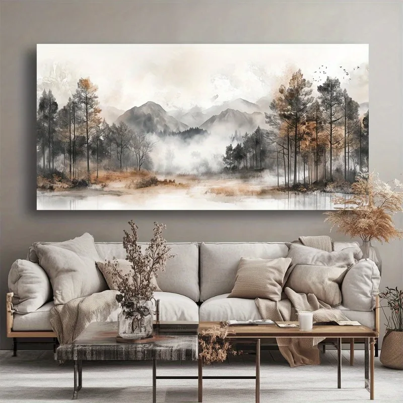 Wall Art Misty Forest Mountain View Abstract Painting Frameless Picture for Living Room Bedroom Office High Quality Print Can