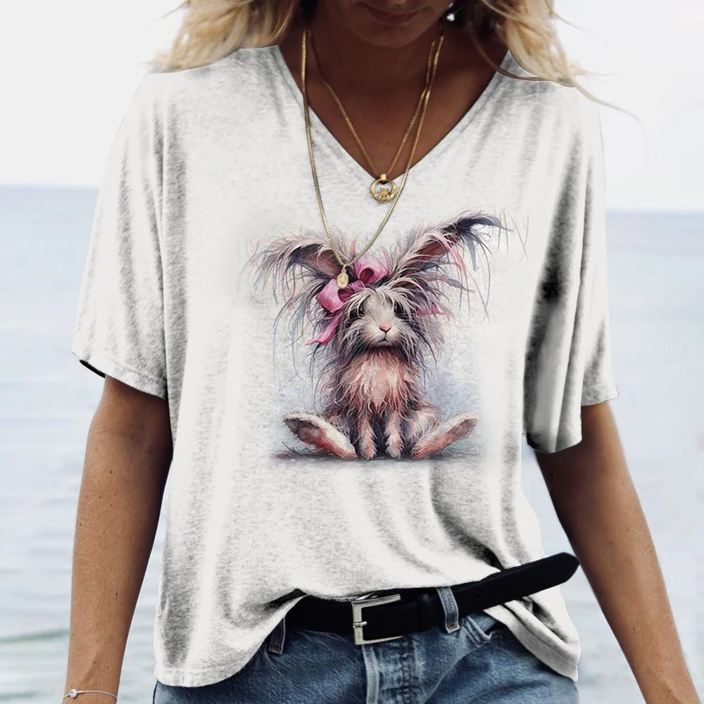 Women's T Shirt For Summer Animal Print Casual Short Sleeve Rabbit T-Shirts Female V-Neck Oversized Clothing Fashion Pullover