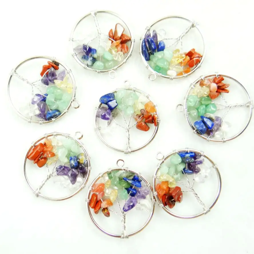 30mm Natural Gem Stone Quartz Crystal 7 Chakras Tiger Eye Tree of Life Pendant For Diy Jewelry Making Necklace Accessories 10pcs