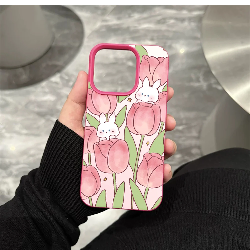 Rosa Tulpe Weißer Hase Handyhülle für iPhone 17 16 15 14 13 12 Pro Max 16 15 14 Plus 17 16 15 14 Pro 17Air Silikon Matte Hülle – Detail 11