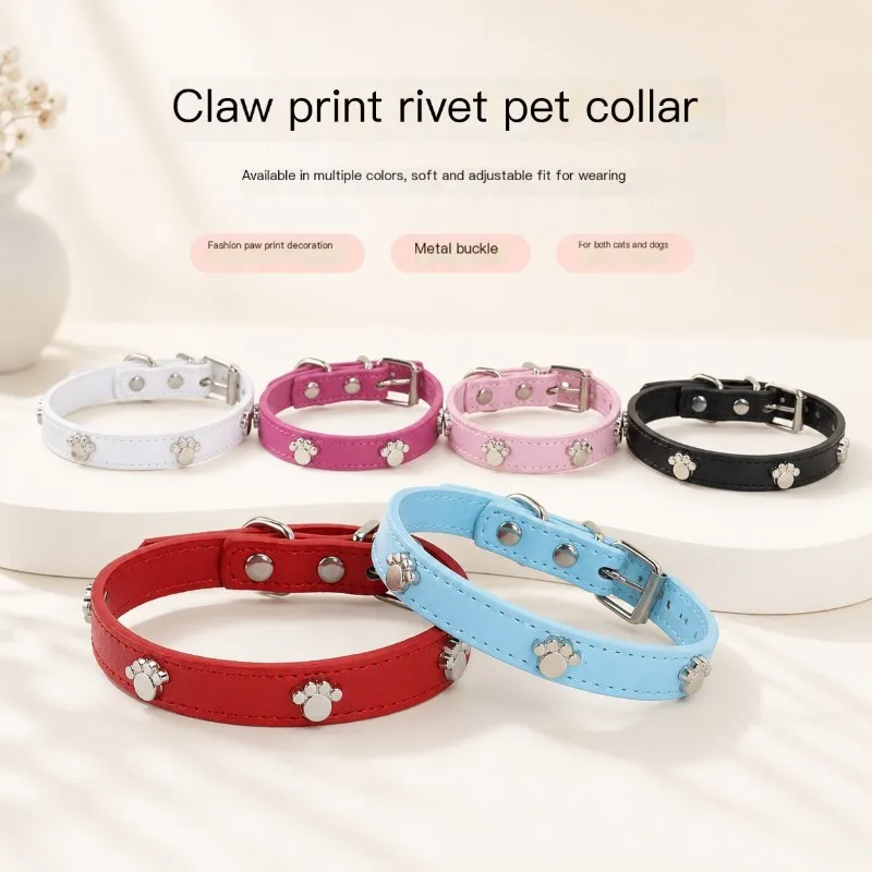 Leather Paw Print Pet Collar Adjustable Neck Strap For Small Medium Dogs Cats Cute Daily Wear Puppy Kitten Neck Collar Supplies
