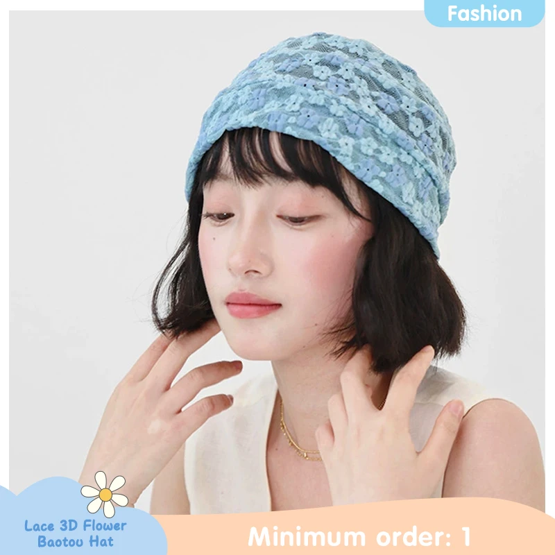 Spring and Summer Lace Three-dimensional Flower Cap for Women Sweet Style Breathable Beach Travel Photo Punch Card Hooded Hat