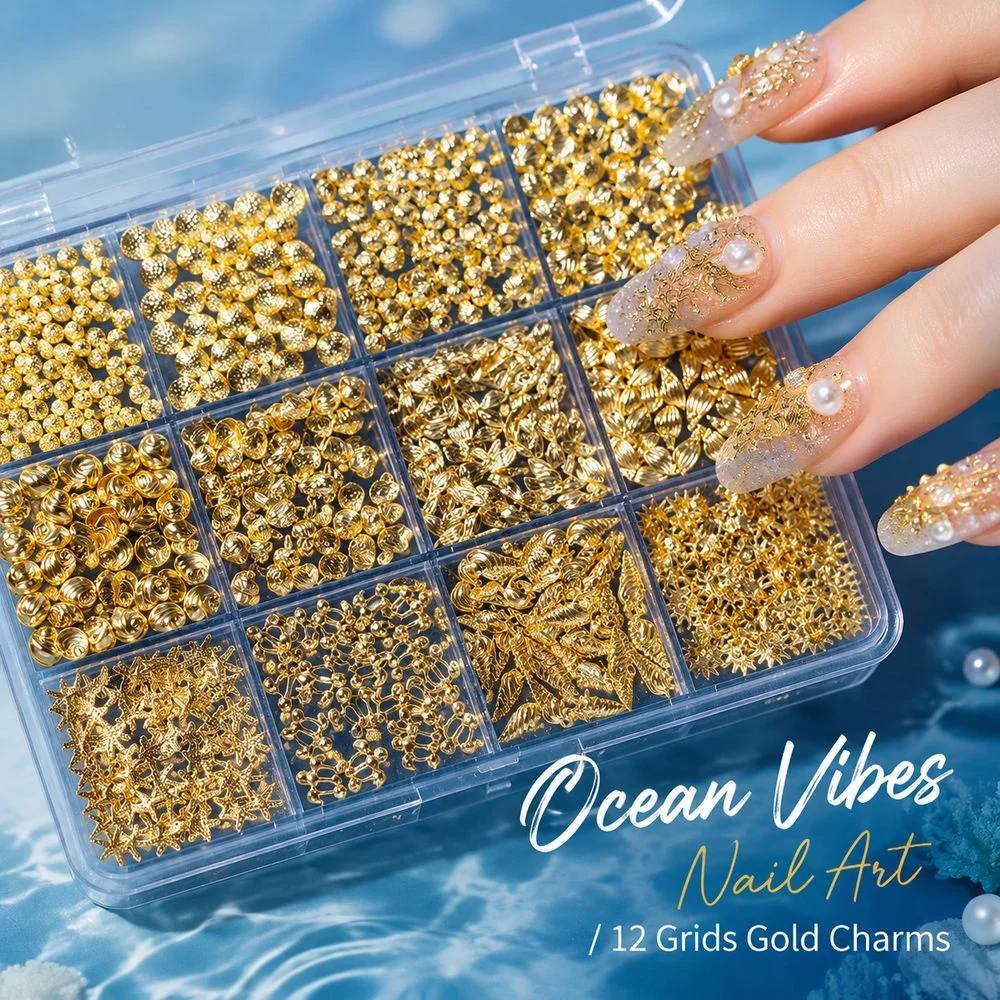 12 Grid Golden Ocean Nail Studs Kit Comes With Tweezers Mixed Conch Sun Shell Nail Metal Charms Beach Party Decor