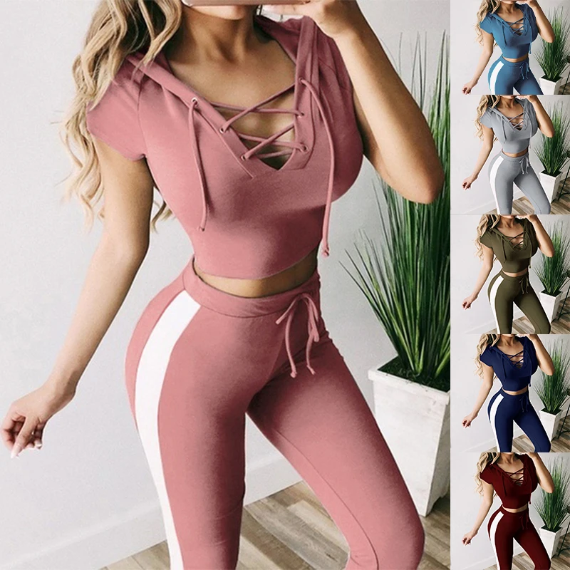 

2024 Women's Sports Yoga Tight Fit Set with Open Navel Top Hoodie+Long Pants Women's Fashion Sports Athletic Clothing