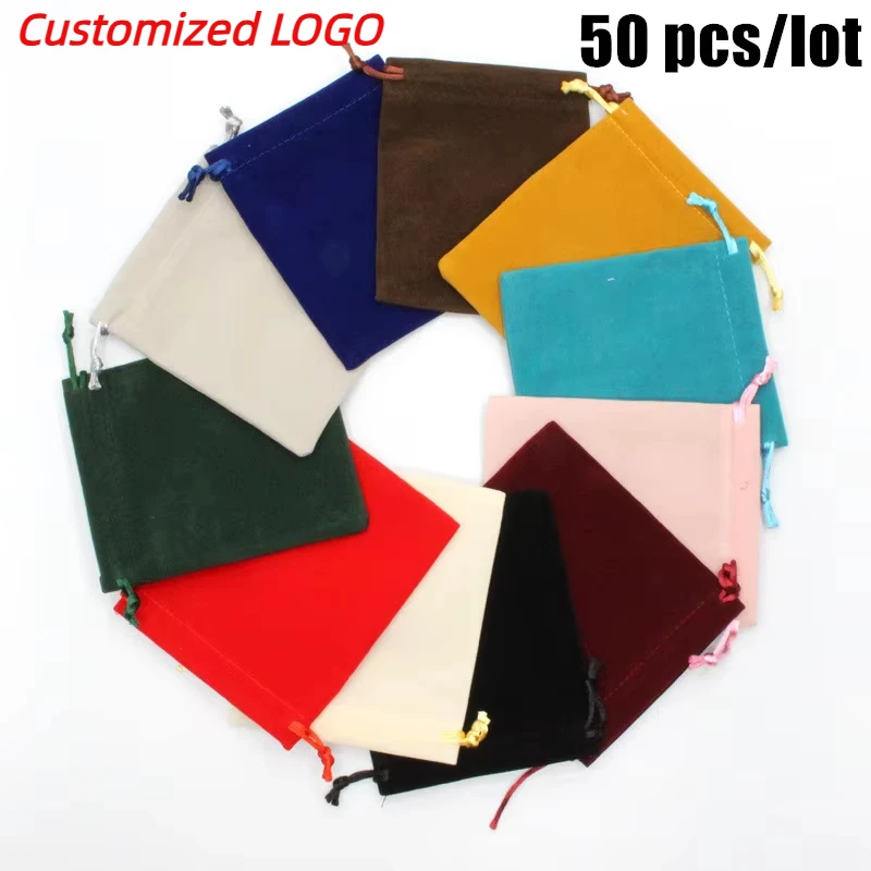 

50PCS/Lot Custom Logo Soft Velvet Drawstring Gift Pouches - Elegant Jewelry Packaging for Wedding Parties, Various Sizes