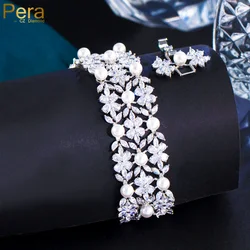 Pera Elegant Pearl Flower Charm Shiny Cubic Zirconia Big Wide Bracelets Bangles for Women Wedding Brand Party Hand Jewelry B125