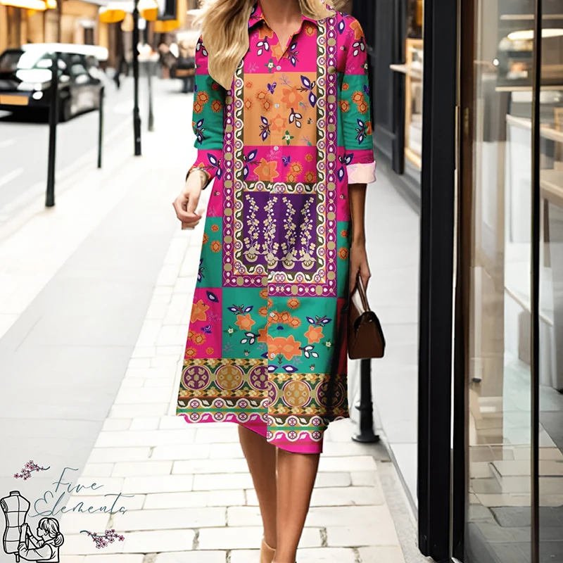 2025 Vestido camisero con estampado Floral Vintage, vestido largo elegante para mujer, vestido de manga larga con cuello en V, vestido Maxi de estilo callejero a la moda