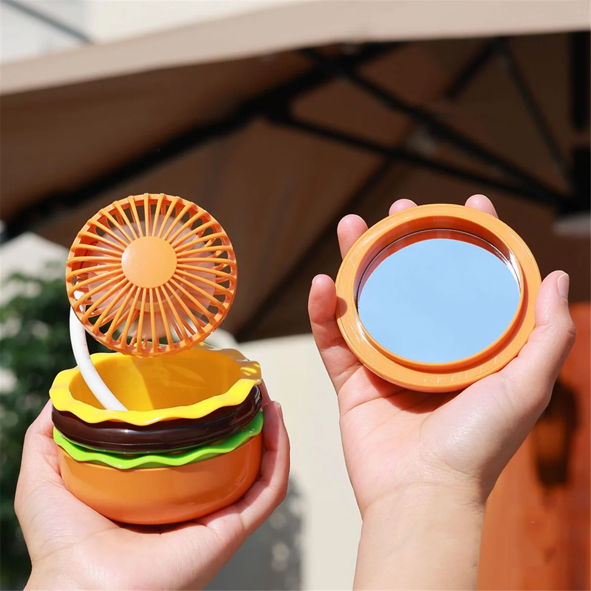 Mini ventilador recarregável 500mAh Ventilador de mesa multifuncional em formato de hambúrguer 3 velocidades incluindo ventilador universal de espelho, A