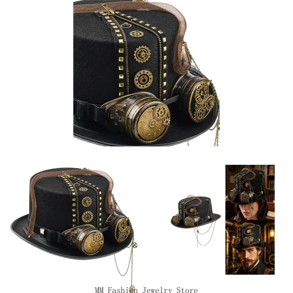 Gothic Gear Metal Chain Hat Zipper Victorian Hat Costume Headpiece D0UB