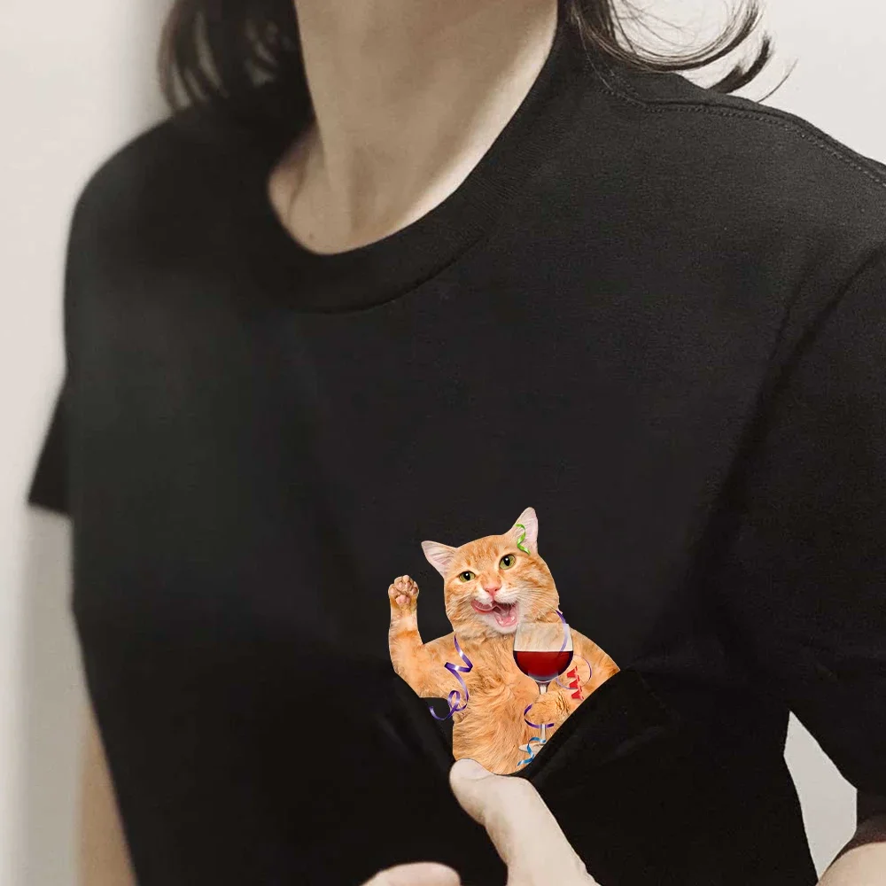 CLOOCL Animal Cotton T-Shirts Funny Cats Party Wine Stickers Printed Pocket T-shirt Mens Women Short Sleeve Shirts Dropshipping