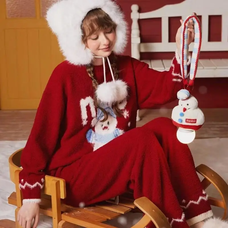 

Christmas Cartoon Pajamas Loose Fit Round Neck Pullover Soft Thick Lazy Style Women Homewear Loungewear Cozy Sweet Sleepwear