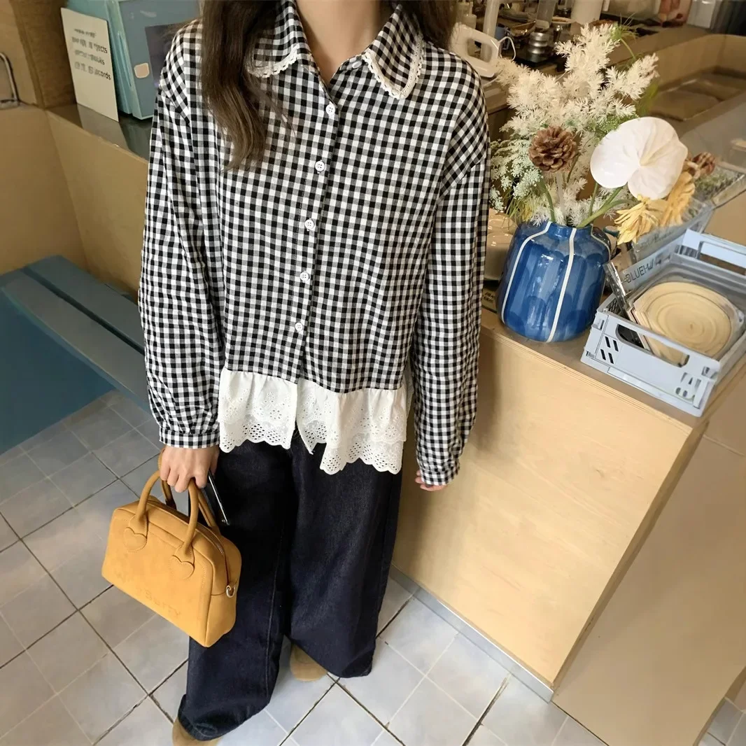 

Новая женская рубашка с длинным рукавом в корейском стиле, с клетчатыми вставками, коллекция ранняя весна 2025