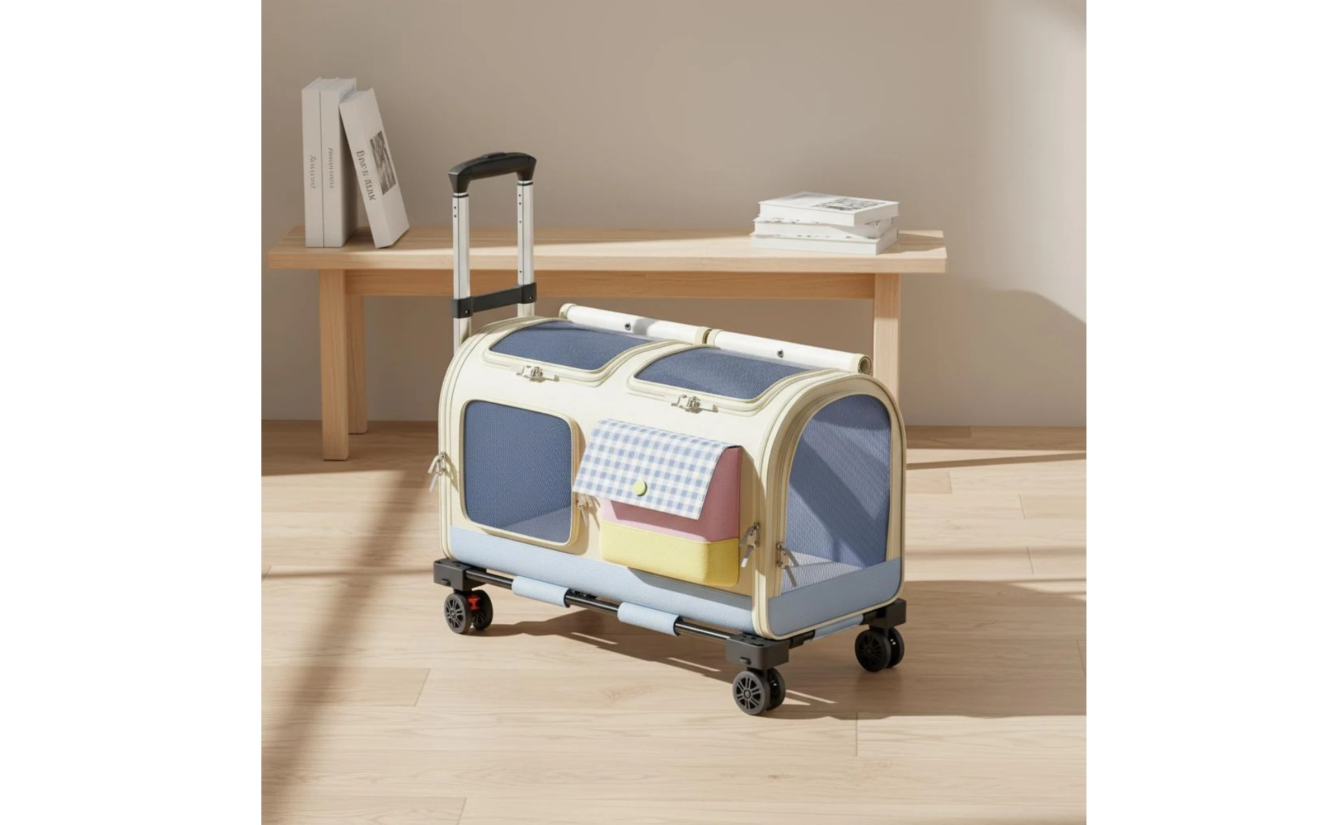 Feline Rolling Suitcase Telescopic Handle Pet Rolling Suitcase Multi-Feline Carrier Breathable Mesh Pet Carrier with Wheels