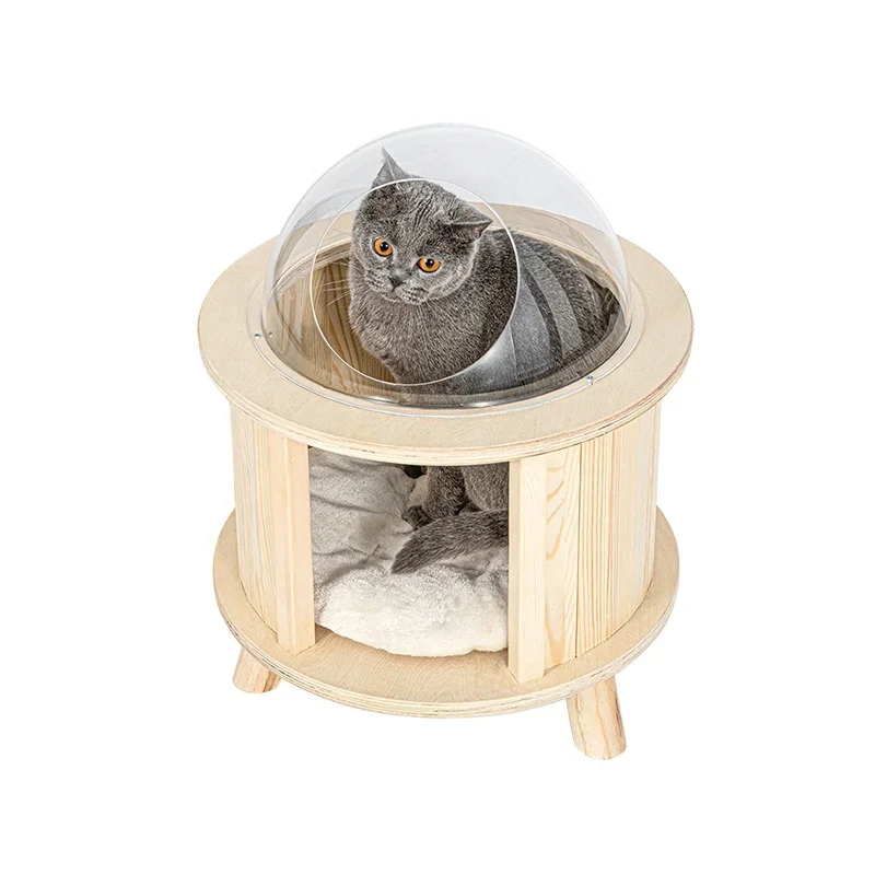 2022 Luxury pet furniture floor capsule solid wood wool jungle gym cat tree one space bowl wooden cat house cat bed