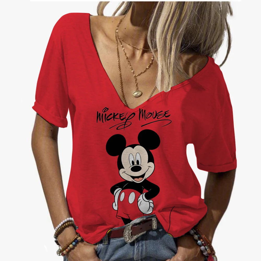 

Футболка с Минни Маус Диснея, женские летние модные топы с v-образным вырезом, футболки, женская повседневная одежда с короткими рукавами, наряд с героями мультфильмов, уличная одежда