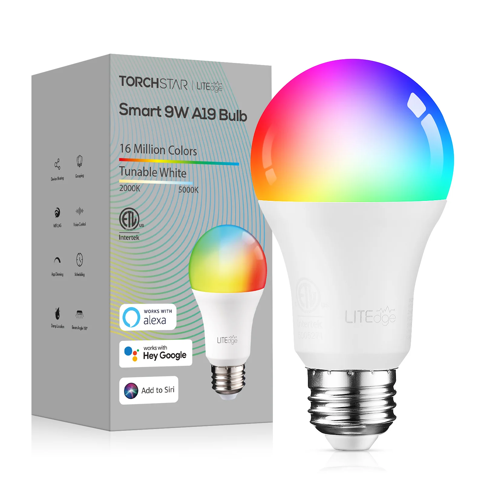 Smart WiFi LED A19 Bulb, RGBCW Color Changing, Compatible with Alexa & Google Home & Echo Assistant, Dimmable, E26 Base