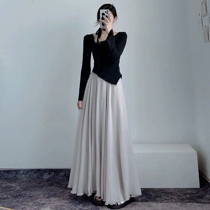 Boho Beach Long Maxi Skirt Women Vintage Summer Linen Cotton Pleated Elastic Waist Flowy Split Casual Skirts Faldas Saia Femme