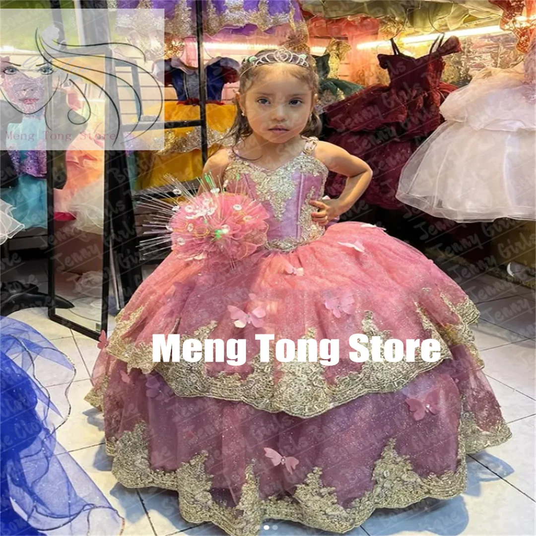 

Customized Fluffy Spaghetti Straps Gold Lace Appliqué Mesh Flower Girl Dress For Wedding Butterfly Tulle Lace Kids Birthday Part