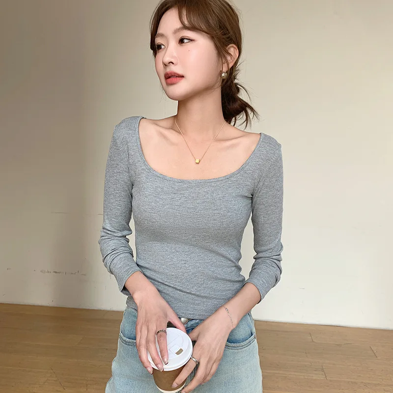 

Spring and Summer New Big U-neck Women's T-shirt Slim Top Home Casual Women's Base Shirt with Korean Wind Thread Fabric Y2k Top