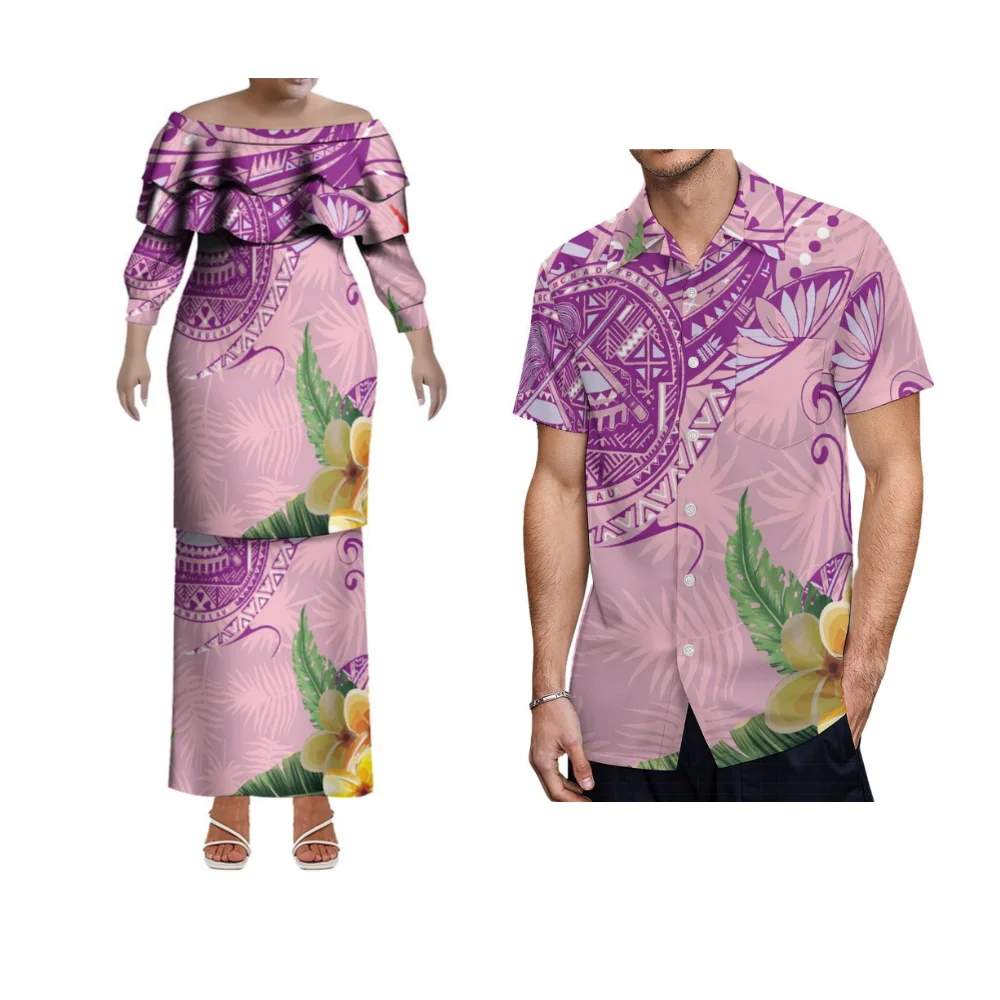 Colar de folha de lótus polinésia pletasi casal dupla camada vestidos de noite feitos sob encomenda samoan ternos de casal camisas masculinas