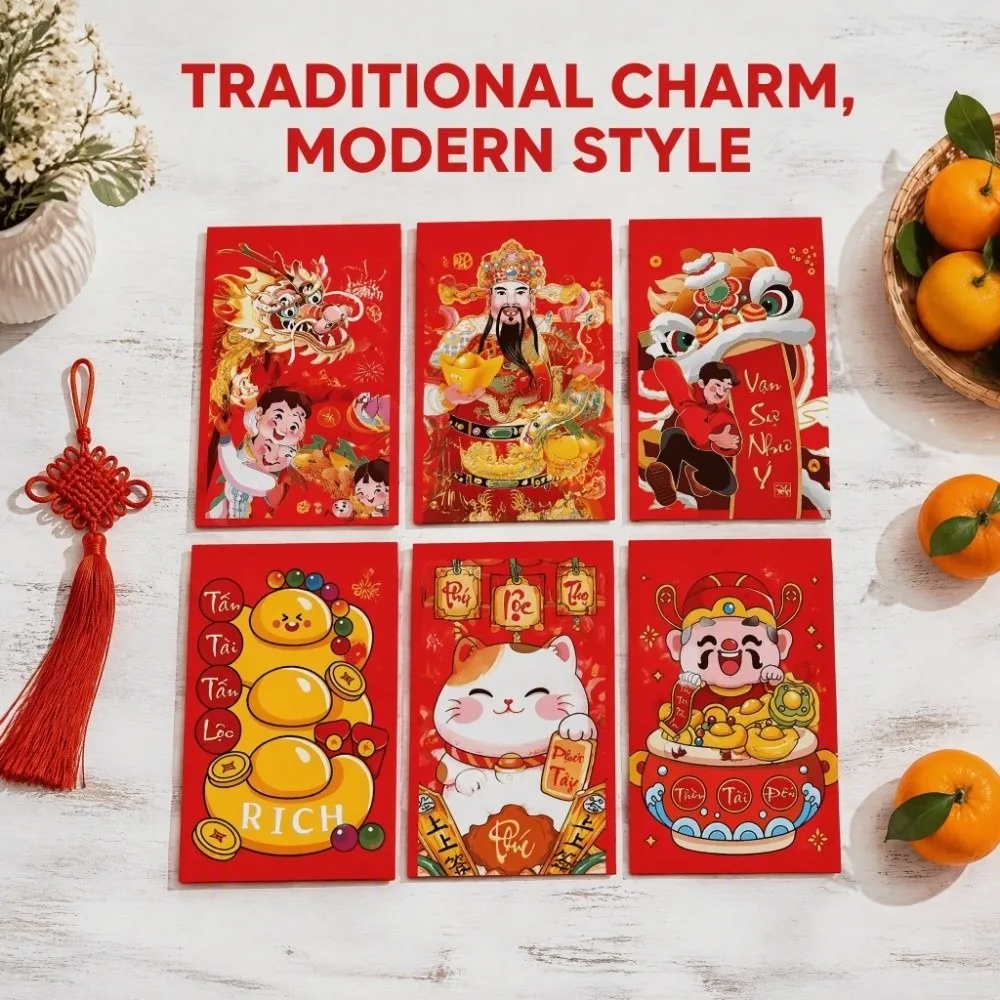 6pcs Colorful Goat Pattern 2027 Chinese New Year Red Envelopes Hot Stamping Rectangular Spring Festival Lucky Money Bag