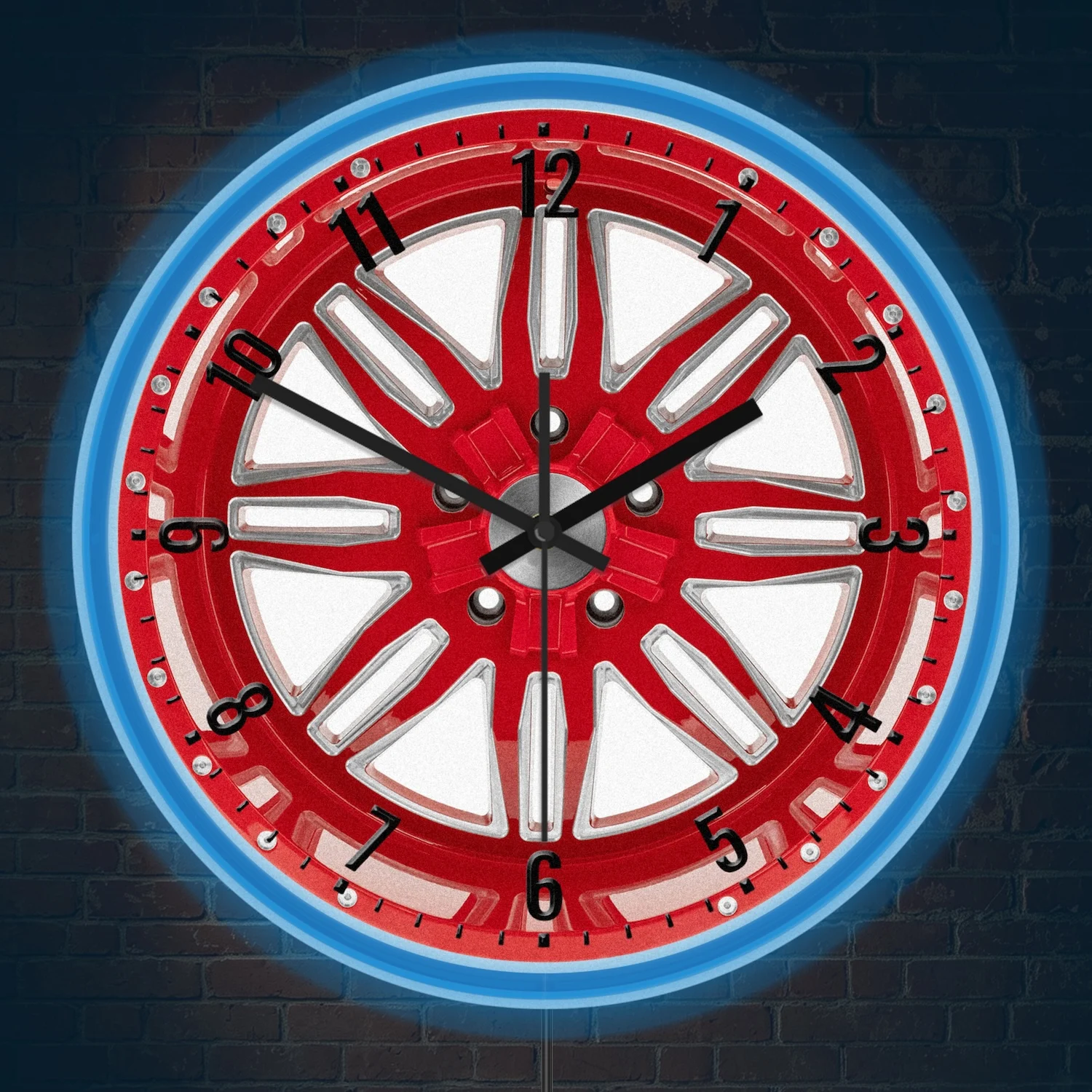 Red Car Wheel Rim Neon Wall Clock Auto Shop Garage LED Business Display Sign Automotive Vibe Luminous Night Light Wall Clock