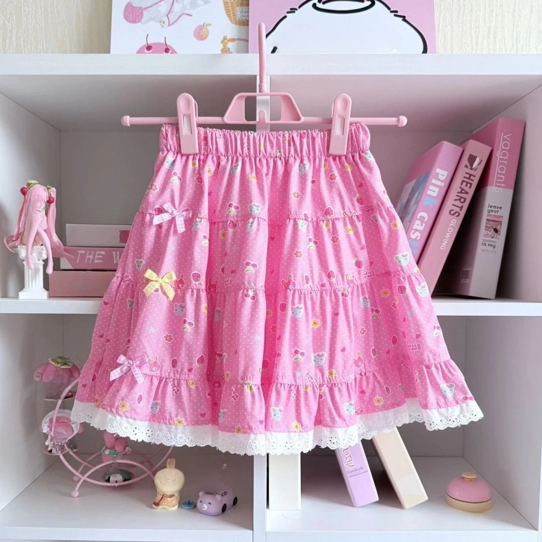 

2026 Spring Vintage Kawaii Cake Skirts Women Bow Lace Slim Kawaii Short Skirts Female Outwear Party Clothing Japanese Cute