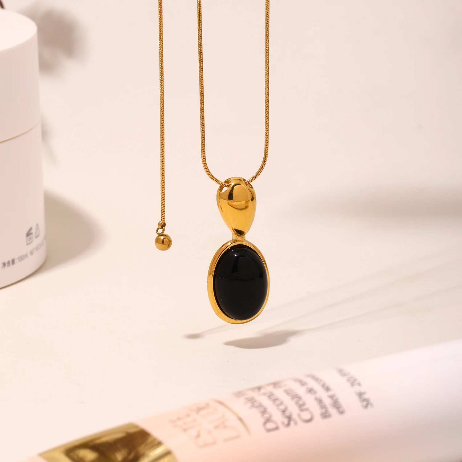 316 Stainless Steel 100cm Adjustable Long Pendant Necklace Women Black Agate Tiger Eye Stone Gold Plated Necklace Fahion Jewelry