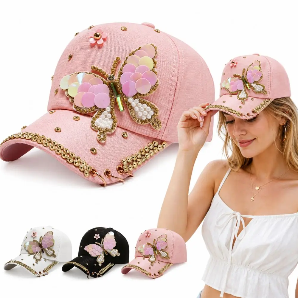 Sequined Butterfly Shiny Baseball Cap Versatile Sun Protection Women's Sun Hat Breathable Lightweight Peaked Cap Outdoor Travel