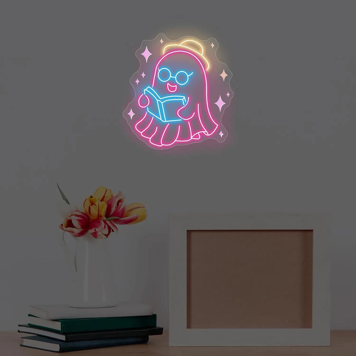 Cute Reading Ghost LED Neon Sign USB Powered Neon Light Book Lover Wall Decor Bedroom Study Room Art Night Lamp BirthdayGift