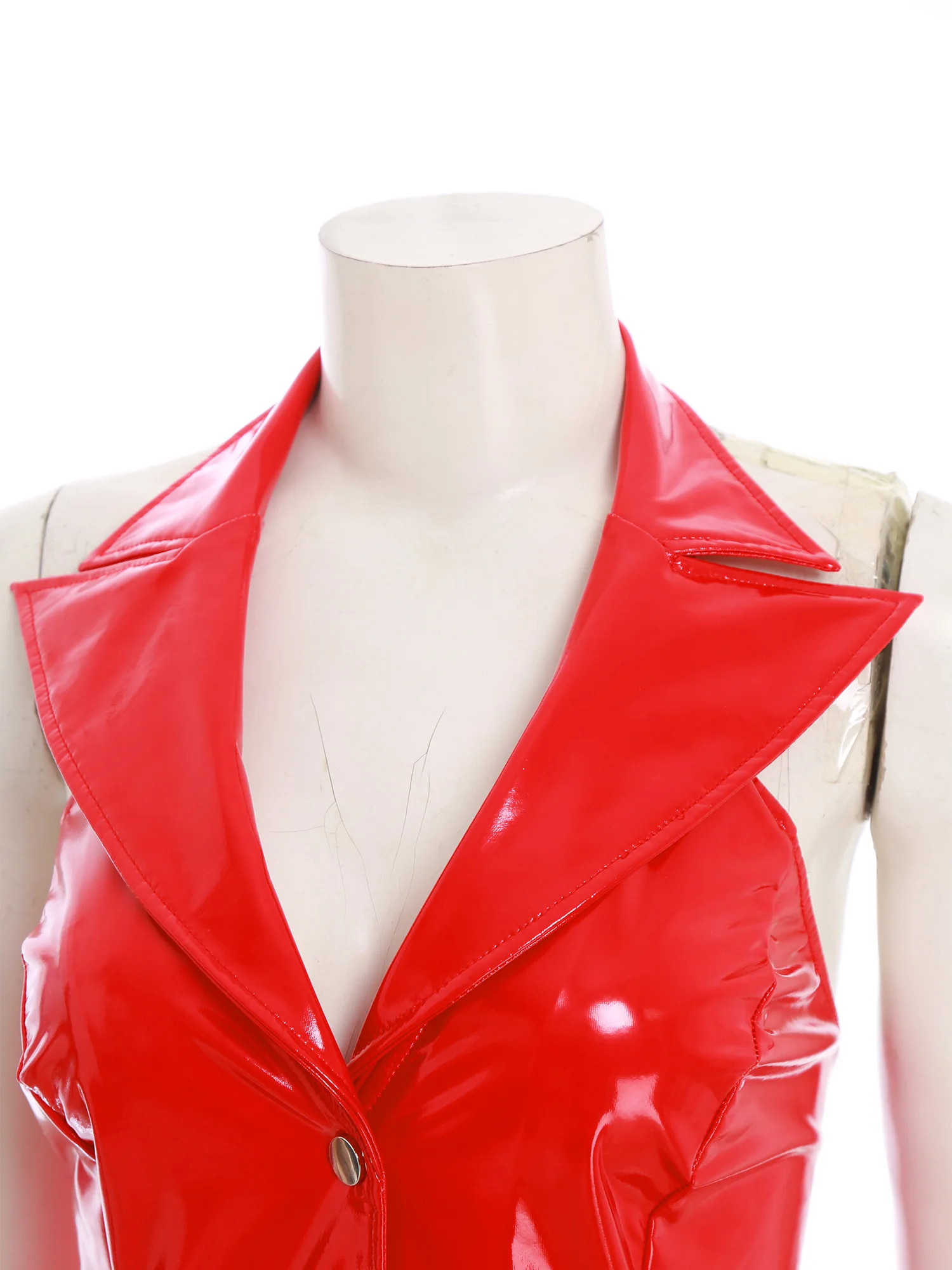 Dames PU-leer wetlook latex jurk bodycon clubwear gekerfde kraag diepe v-hals mouwloze knoppen aan de voorkant rokken mini-jurken