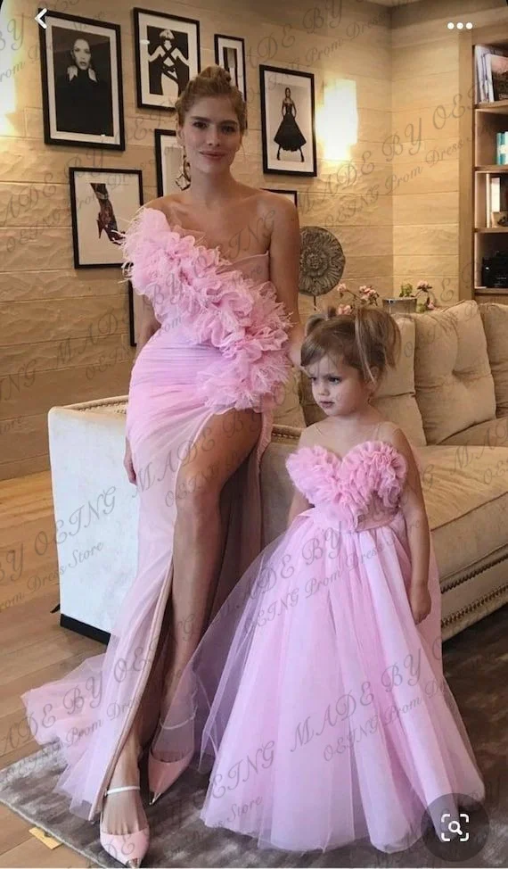 OEING-vestido de graduación rosa para madre e hija, traje elegante de tul con volantes y un hombro, línea A, para fiesta de cumpleaños