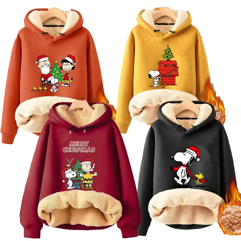 Snoopy Christmas Men Fleece Lined Hoodie Cute Anime Women Winter Warm Hooded Sweatshirt Thickened Streetwear Clothes Top Gift