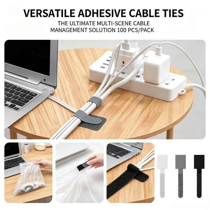 10/20/50/100PCS Reusable Cable Tie Organizer with Adhesive for Cabinet Door Earphones Wire Management Fastening Ties Storage