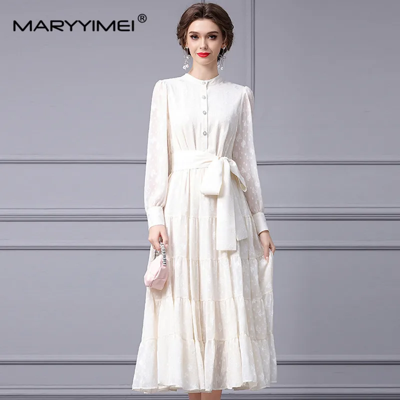 MARYYIMEI Spring Autumn Fashion Designers Women\'s dress Long sleeved Flocking Lace up Elegant Dresses