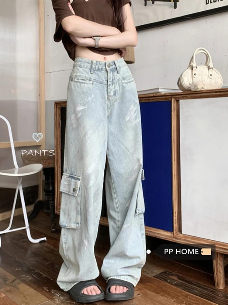 

Blue Womens Jeans High Waist Vintage Straight Summer Design Sense Denim Pants Streetwear American Wide Leg Baggy Denim Trouser