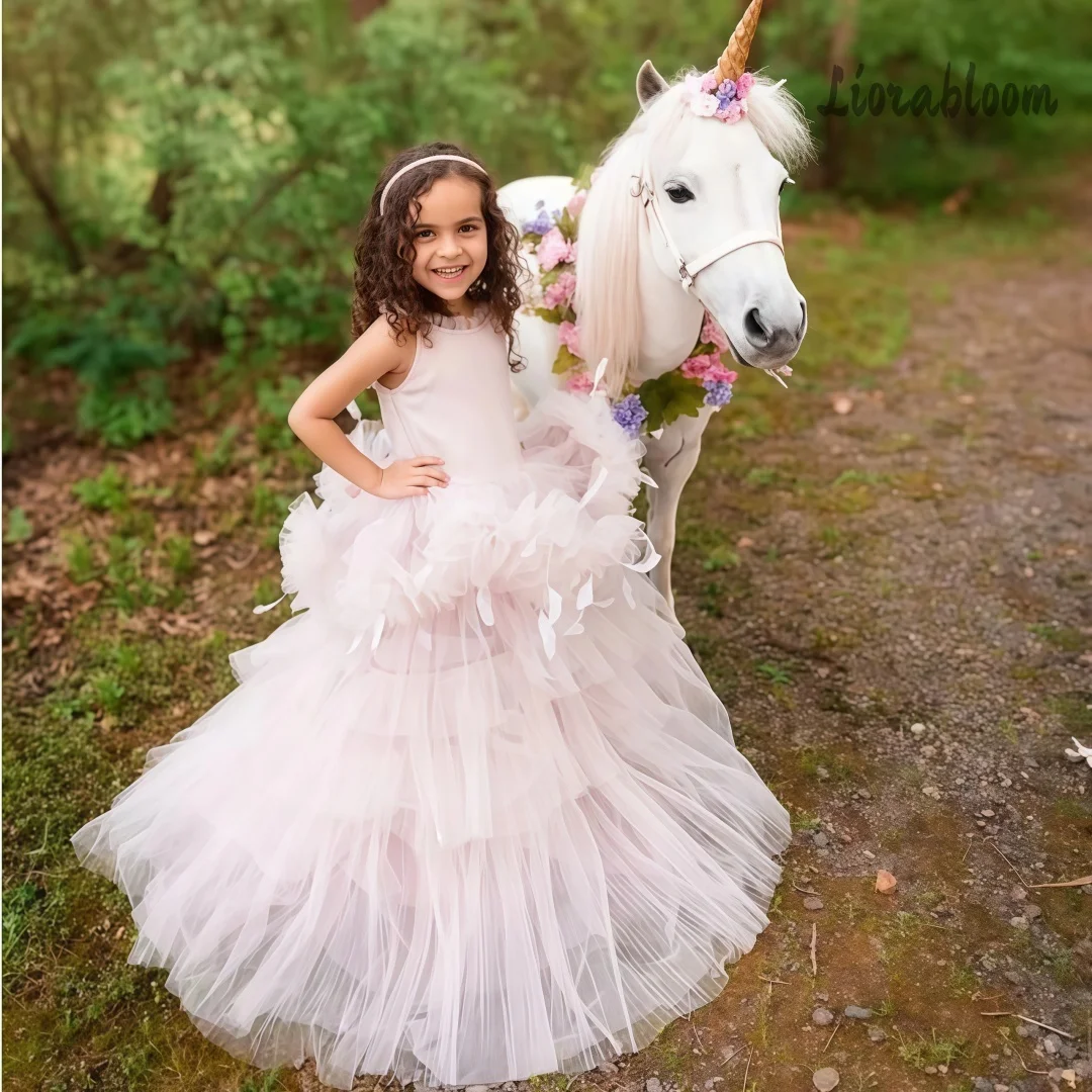 Abito da Cerimonia Personalizzato per Bambine, Vestito da Principessa a Strati, Abito da Damigella Soffice con Fiori, Abbigliamento per Feste di Matrimonio