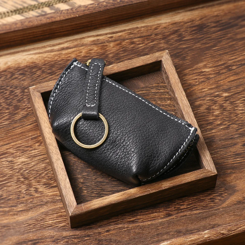 Genuine Soft Leather Mini Wallet Key Holder - Small Zipper Coin Purse Keychain Wristlet for Women and Men