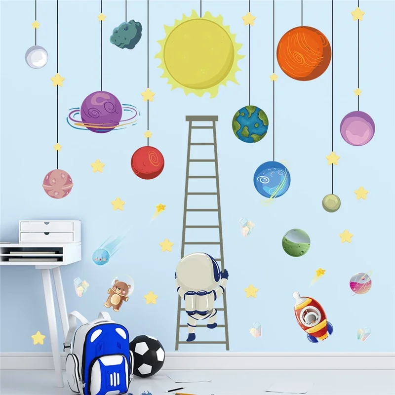 Cartoon Astronaut Colorful Planet Balloon Wall Sticker For Kids Room Home Decoration Cartoon Mural Art Pvc Decal Space Poster