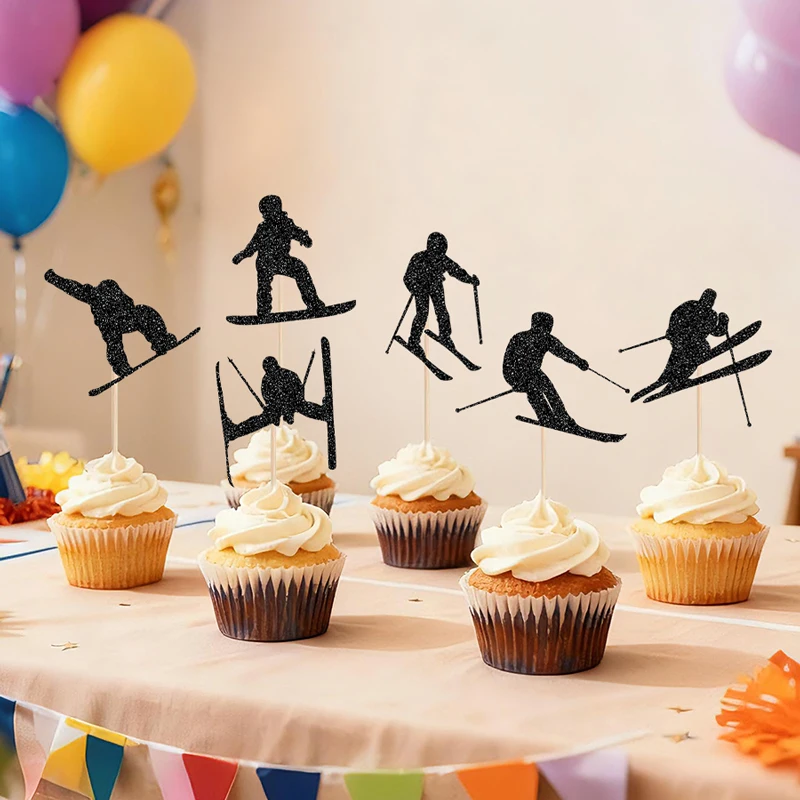 YOMDID 24 Stück Cupcake-Topper mit Ski-Thema, Silhouette, Skifahrer, Snowboarden, Cupcake-Topper, Picks für Winter-Kuchen-Dekorationen, Zubehör