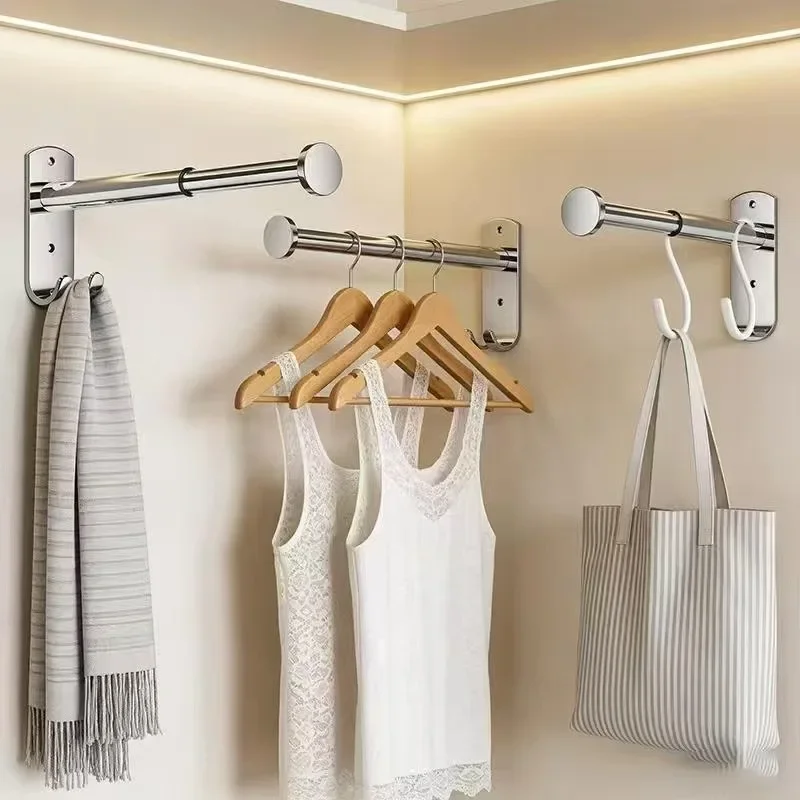 yesWall-Mounted Retractable Clothes Hanging Rod.Stainless Steel Expandable Closet Garment Rail with Hooks,Space-Saving Storage